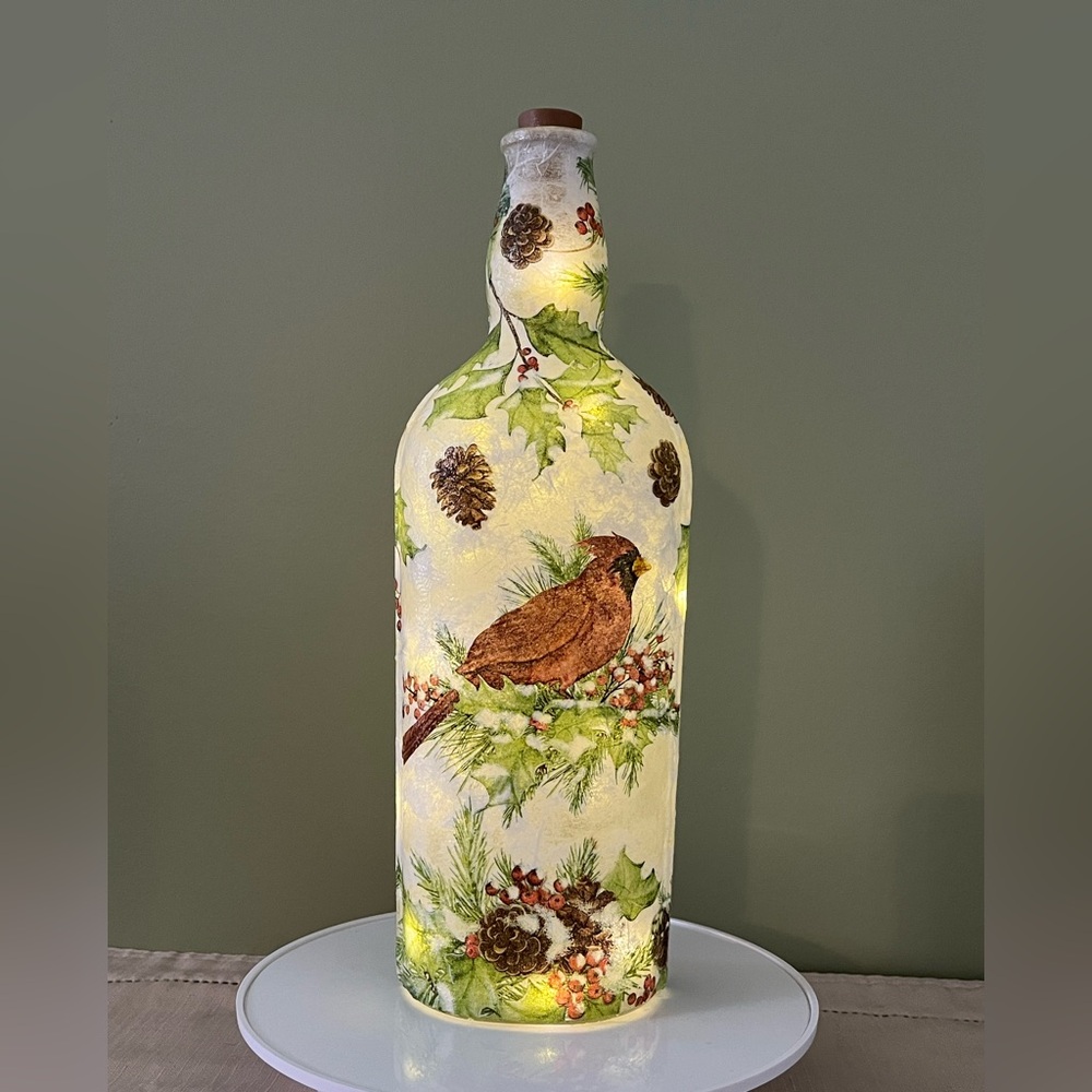 Decorated Bottles, Home Decor, Gifts, Red Cardinals